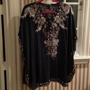 Dark blue Johnny Was top with cream embroidery